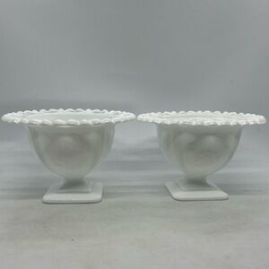 Pair of Lorraine Indiana Milk Glass Open Laced Edge Compotes Vintage 1960s